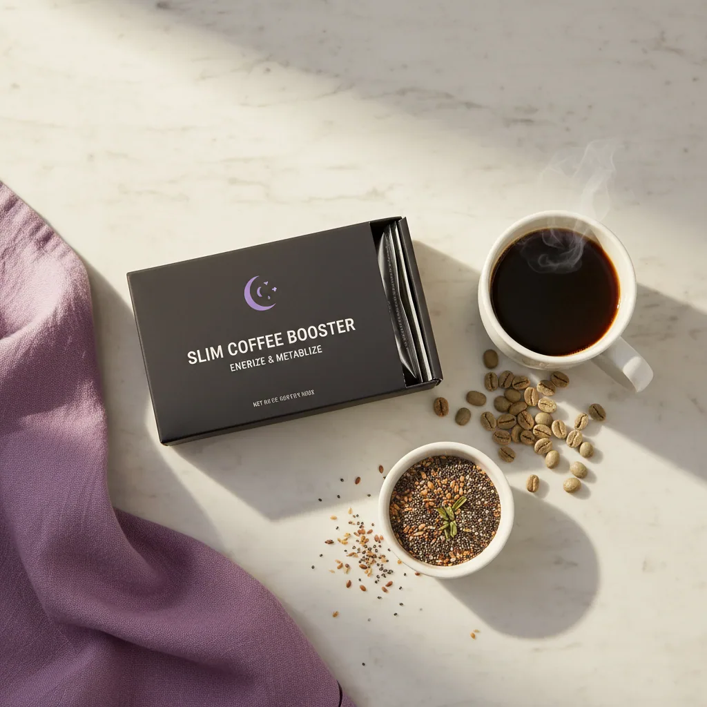 Slim Coffee Booster morning ritual flat lay - plant-based morning wellness drink